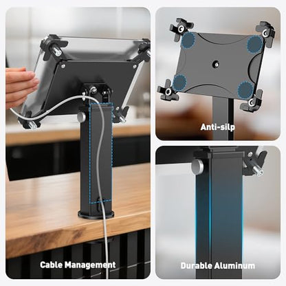 AboveTEK iPad Desk Grommet Mount, Adjustable Tablet Desk Mount with 360° Rotation & 180° Tilt, Fits 9.7"-13" Tablets, Anti-Theft iPad Stand, Heavy-Duty Aluminum Tablet Stand, Perfect for Work - color: Black