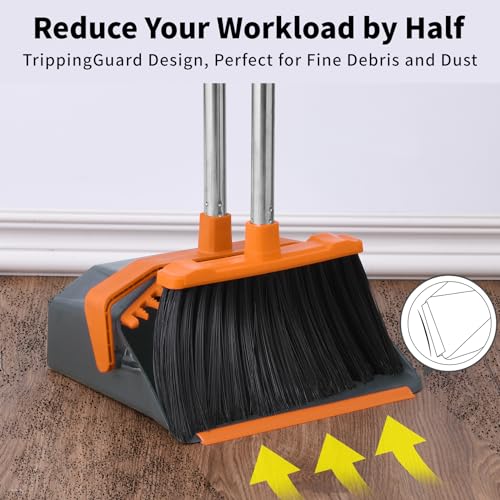 Broom and Dustpan Set for Home, 51" Long Handle Standing Pan Grey Orange - color: Orange and Grey