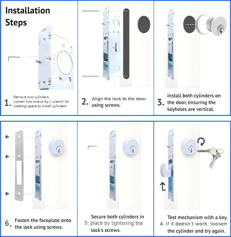UpjiaFlarish Mortise Lock Cylinder Deadbolt - Commercial Door Locks Storefront Door Lock & Double Keyed Cylinder Set 1-1/8" Backset Hook Tongue for Home Security with 5 Keys