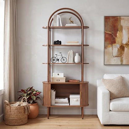 Janmer Home Unique Arched Bookshelf, 71" Tall Mid Century Modern Bookcase - color: Walnut, size: 71-inch sliding door