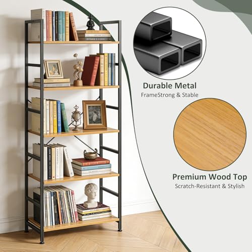 5 Tier Bookshelf, Free Standing Bookcase with Open Storage Shelves - color: Light Wood, size: 5 Tier