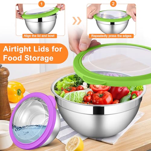 LIANYU Mixing Bowls with Visible Lid Sets of 6, Cooking Bowls for Kitchen - color: Colorful, style: Atlas Base with Visible Lids
