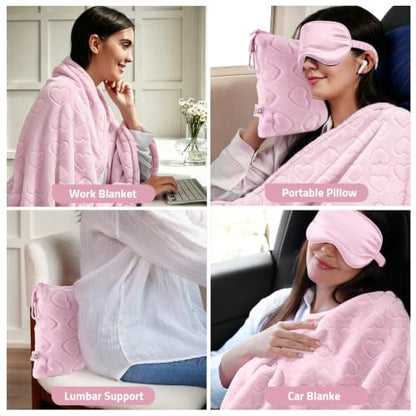 Travel Blanket, Airplane Blanket, Ultra-Soft, Warm & Lightweight, 65x40 in, Outdoor Blanket Essentials for Women, Men & Kids, Included Eye Mask, Luggage Sleeve & Backpack Clip Heart Pink - color: Heart Pink