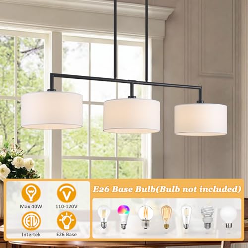 47" W Modern Linear Kitchen Island Pendant Light Fixture 3-Light White Linen Drum Shade Chandelier Black Metal Linear Chandeliers for Dining Room Farmhouse Hanging Light for Living Room, Bar, E26 - color: Black and White