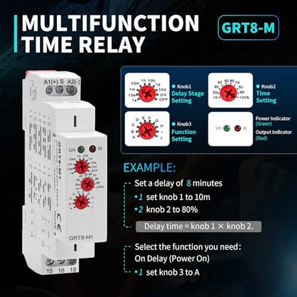 Multifunction Time Relay 16A Delay ON Off Time Relay GRT8-M1 AC DC 12-240V，10 Relay Timer Control Delay Function Mode DIN Rail Electronic Relays of Wide Time Delay Range for 0.1 Seconds to 10 Days - size: GRT8-M1 AC/DC 12V-240V