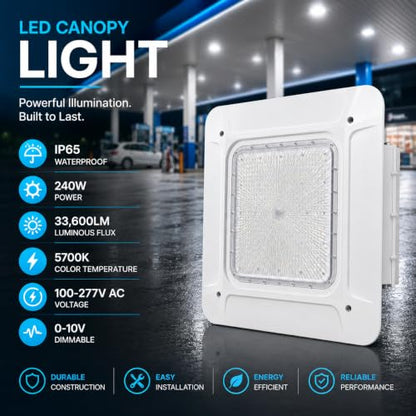 240W LED Canopy Light, 33,600 Lumens 5700K Daylight, 1000W Metal Halide Equivalent, IP65 Waterproof, UL & DLC Certified, 0-10V Dimmable, Outdoor Gas Station & Parking Lot Light - size: 240W
