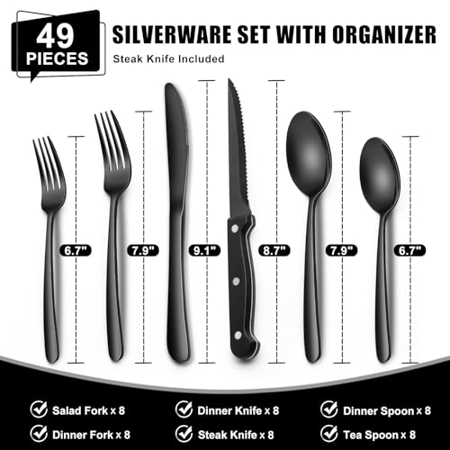 49-Piece Black Silverware Set with Organizer, Heavy Duty Stainless Steel Flatware for 8, Cutlery Utensil Sets with Steak Knives, Rust-proof, Mirror Polished, Dishwasher Safe, Black Heavy Duty - style: Black Heavy Duty