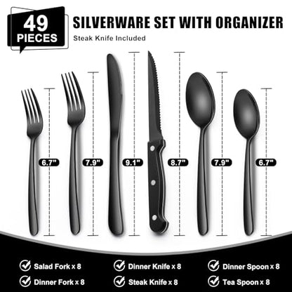 49-Piece Black Silverware Set with Organizer, Heavy Duty Stainless Steel Flatware for 8, Cutlery Utensil Sets with Steak Knives, Rust-proof, Mirror Polished, Dishwasher Safe, Black Heavy Duty - style: Black Heavy Duty
