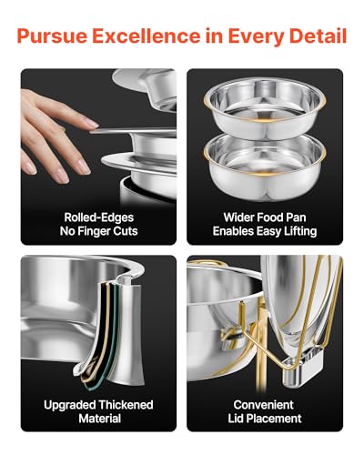 VEVOR Chafing Dish Buffet Set, 5 Qt 4 Pack, Stainless Steel Chafer with 4 Full Size Pans, Round Catering Warmer Server with Lid Water Pan Folding Stand Clip, for Weddings Parties Banquets, Gold - size: 4packs Gold