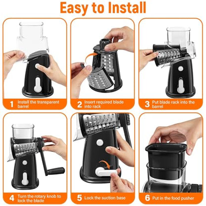 Rotary Cheese Grater Hand Crank, 5-in-1 Vegetable Chopper Spiralizer Slicer - color: Black