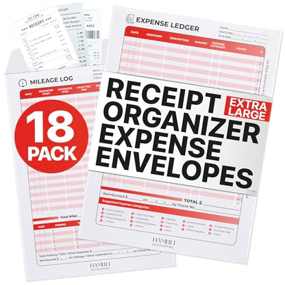Extra Large Receipt Envelope & Receipts Organizer (Pack of 18) - Efficiently Manage Business Expenses & Log Mileage Trips - 8.5” x 11.0” Inches, Red Color- Business Ledger for Small Business - color: Red