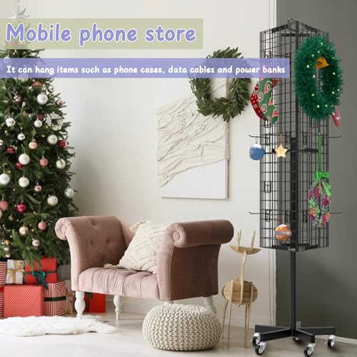 Grid Wall Panels Display Stand - 16”*63.3"Triangular Display Metal Shelf with 30 Hooks for Vendor Events,360° Rotating Art Display Panels Heavy Duty Floor Standing Movable Retail Display Organization