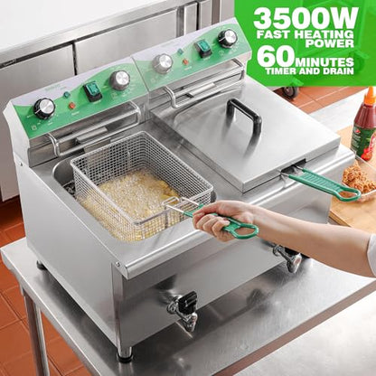 NUPANT 24L/25.4QT Commercial Deep Fryer with 2 Baskets and Lids, 110V Electric Fryer with Oil Filtration and Timer, Stainless Steel Large Double Tank Fryer Countertop Deep Fryer for Restaurant 3500W - size: 24L