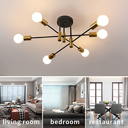 Garwarm Ceiling Light Fixture, 6-Lights Black and Gold Mid Century Semi Flush Mount Ceiling Light,Modern Sputnik Chandelier for Kitchen Dining Room Bedroom Entryway Hallway - color: 6-Lights,Black and Gold
