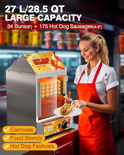 WantJoin Hot Dog Steamer Commercial 28.8QT Hot Dog Steamer with Bun Warmer, Glass Sliding Door Steaming Machine for 175 Hot Dogs and 40 Buns Adjustable Temperature - color: Green, size: 28.8QT