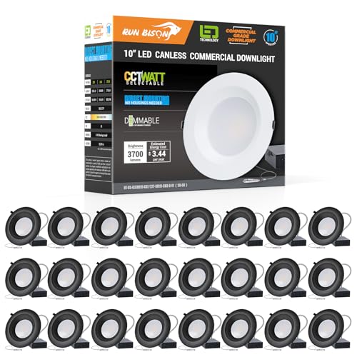 10 Inch Commercial Recessed Light with J-Box,120-277V,22/29/37.5W Adjustable,3CCT Selectable 3000K-5000K,10%-100% Dimmable,Canless LED Downlight with Black Trim, ETL Listed-24PK - color: 24PK, size: 10 inch Black