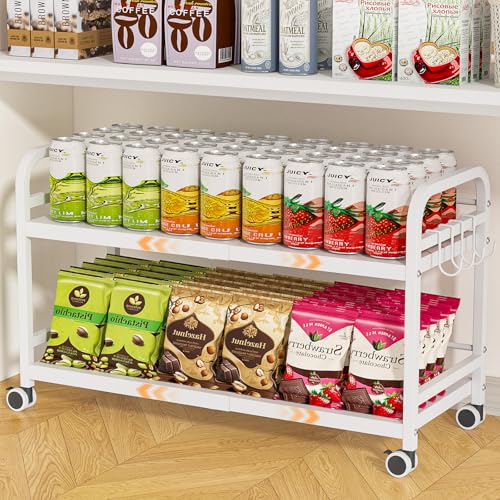 2-Tier Expandable Rolling Cart, Pantry Storage Cart with Wheels, Adjustable Rolling Pantry Floor Organizer, Metal Under Desk Cart, Sturdy Can Storage & Snack Organizer for Kitchen Pantry, White - color: White