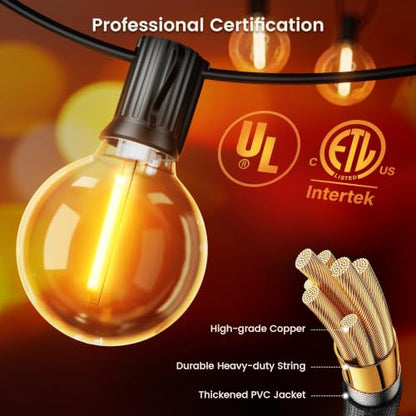 OHLUX Outdoor String Lights, 27FT LED Patio Lights with 13 Dimmable Plastic G40 Globe Bulbs(1 Spare), 2200K Waterproof Connectable Hanging Lights for Backyard Porch Cafe Party Decor E12 Socket Base - size: 27FT