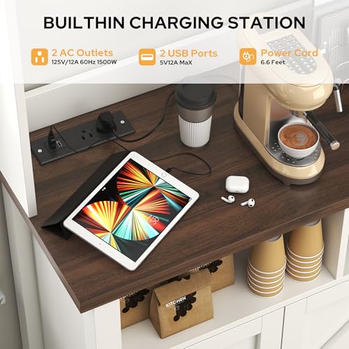 knoworld Buffet Sideboard with Storage Hutch with Power Outlet 4 Doors, Large Farmhouse Kitchen Storage Cabinet Wood Coffee Bar Cabinet with Cup Holder & Hooks for Kitchen, Dining Room,55"W White Rack