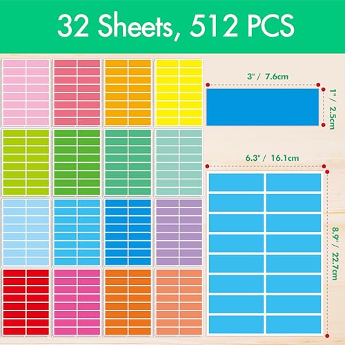 512 Color Coding Labels, 16 Colors Blank Stickers Mini Rectangular Labels 3 x 1”, Colored Assorted Sticker for Marking Projects, Boxes, Jars, Storage Containers, Files - size: 3" x 1"