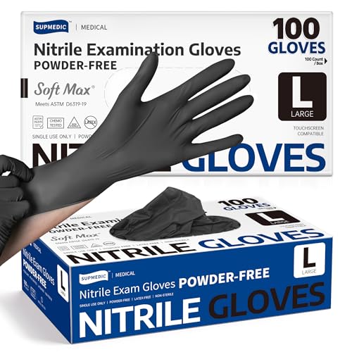 Supmedic Soft Max® Nitrile Exam Gloves, Powder-Free, Black, 100 Count - color: Large (Black)