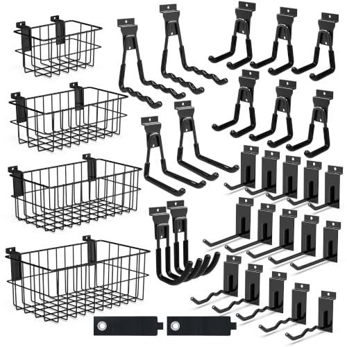 35PCS Slatwall Accessories Set, 4 Ventilated Wire Baskets & 31 Heavy Duty Hooks for Garage Shop Storage - color: Black, size: 35