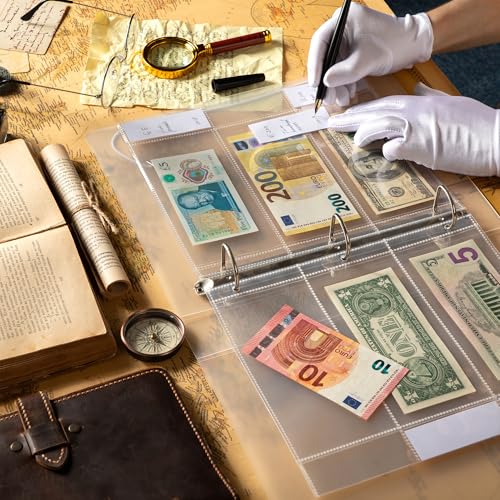 50 Sheets Currency Sleeves 150 Pockets with Labels for 3-Ring Binder - size: 50 Sheets/150 Pockets