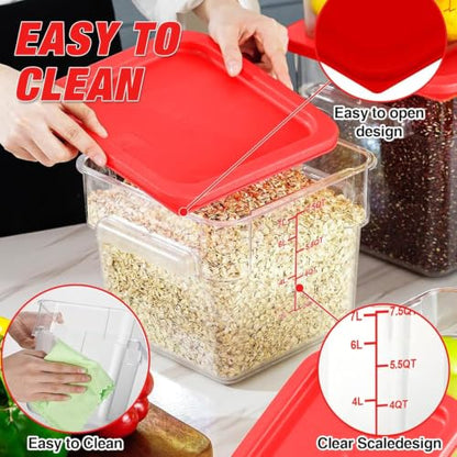 Square Storage Container with Lid, Commercial Box with Measurement Marks & Handle, for Baking, Dough Proofing, Meat Brining, Kitchen Tool(Red, 7.5QT-4PACK) - size: 7.5QT-4PACK