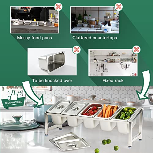 CURTA Expandable 18/8 Stainless Steel Spice Rack Set, NSF Certified, 1-Tier Inclined Organizer Shelf with 5 1/9 4“ Pan&Lid, 13.8" - 23.6" Adjustable, Countertop Holder for Seasoning Ingredients - size: 5 Pan Stainless Steel