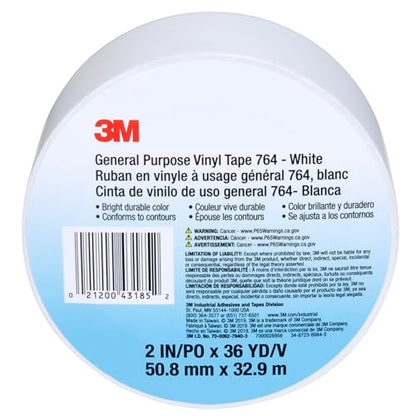 3M General Purpose Vinyl Tape 764, White, 2 in x 36 yd, 5 mil, 1 Roll - color: White, size: 2 in x 1296 in
