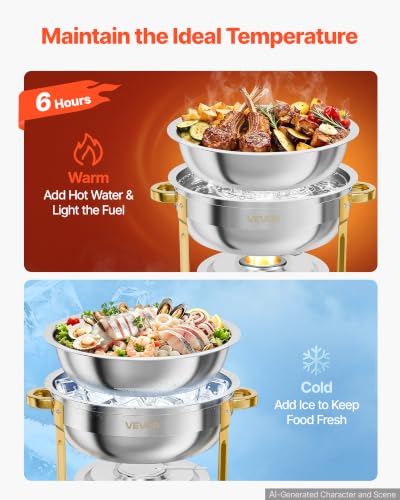 VEVOR 4 Packs Chafing Dishes for Buffet Set, 6QT Stainless Steel Chafer - color: Gold, size: 4packs 6QT&glass lid