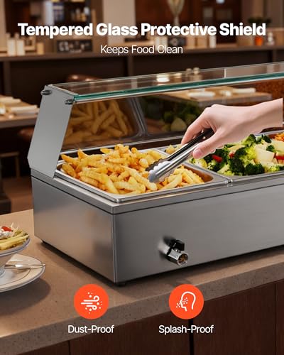 VEVOR Commercial Food Warmer, 1500W Electric Stainless Steel Steam Food Warmer with Glass Cover, Countertop Buffet Bain Marie with Three 1/2 Size Food Pans, for Catering, Restaurant, Party & Buffets - size: 3*1/2Pan