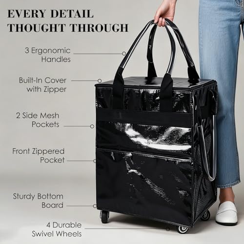 Reusable Grocery Bag on 4 Swivel Wheels, 60L Large Rolling Tote Bag - color: Black