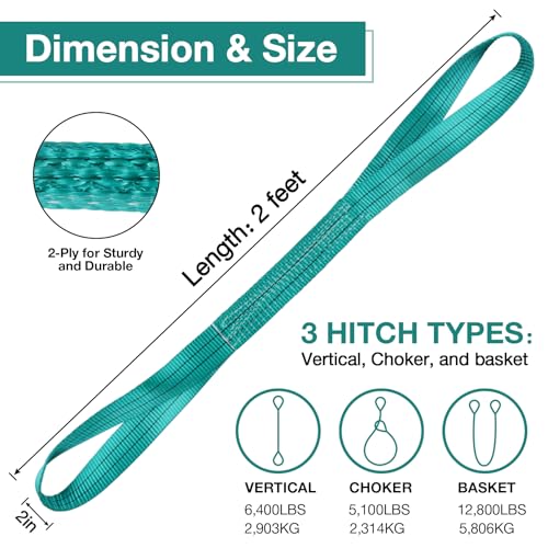 Lift Sling Straps,2" x 2' 2-Ply Heavy Duty Twist Eye Lift Sling 2P - color: Green, size: 2" x 2' (2 pack)