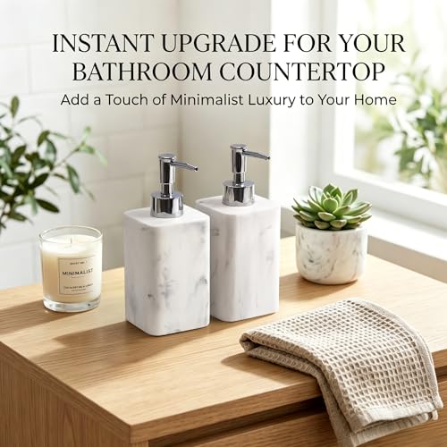 YMXYJM 2 pcs Hand Soap Dispenser Set, 11oz Refillable Resin Liquid Soap Dispensers with Rustproof Pump, Lotion Dispenser Includes Silicone Funnel for Bathroom Countertop or Kitchen, Marble-Effect - color: Marble White
