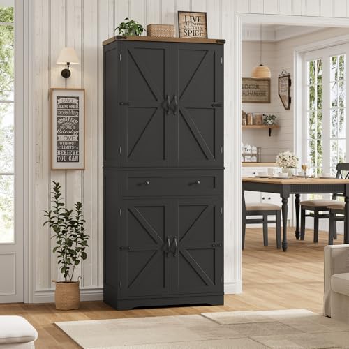 HOSTACK 71" Kitchen Pantry Storage Cabinet, Farmhouse Pantry Cabinet, Black - color: Black