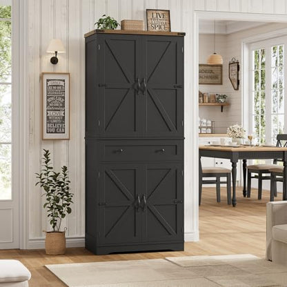 HOSTACK 71" Kitchen Pantry Storage Cabinet, Farmhouse Pantry Cabinet, Black - color: Black