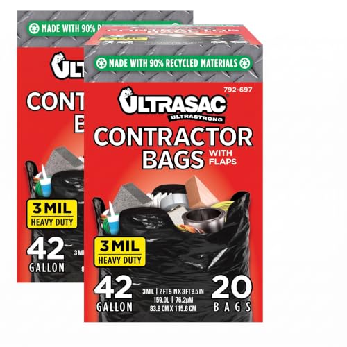Ultrasac Contractor Bags 42 Gallon (/w FLAP TIES),32.75 x 44.5-3 MIL Thick Large Black Heavy Duty Industrial Garbage Trashbags for Professional Construction and Commercial use,(Pack of 40) - size: 1 Count (Pack of 40)