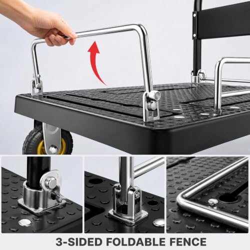 Platform Flatbed Cart Heavy Duty with Brake Wheels & Foldable Fence