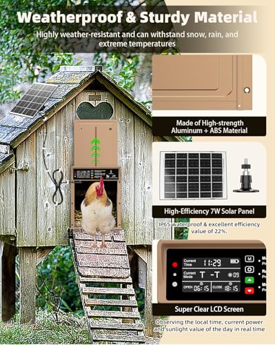 Automatic Chicken Coop Door Solar Powered with Timer & Light Sensor, Pet Deluxe Chicken Door with 7W Solar Panel, Anti-Pinch Safety, 10PCS Wire Clips and Aluminum Alloy, Long-Range Remote - Brown - color: Brown