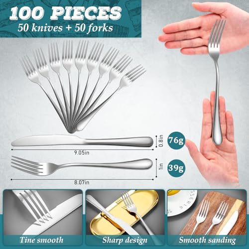 Nuenen 100 Pieces Stainless Steel forks and knives Dinner Flatware Set Tableware Cutlery for Butter Kitchen Restaurant, Dishwasher Safe(Silver,9.06 Inches, 8.07 Inches) - color: Silver, size: 9.06 Inches, 8.07 Inches