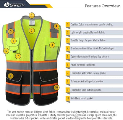 JKSafety Hi Vis Safety Vest for Men Women Cushioned Collar JK101 YBlack S - color: Jk101-yellowblack, size: Small