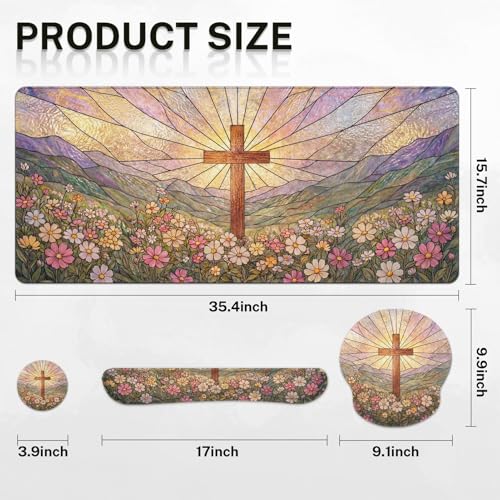 Britimes Keyboard Mouse Pad Set, 4 in 1 Desk Mat Set, Cross Religious - color: Cross Colorful Wildflower