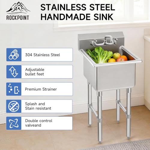 ROCKPOINT Stainless Steel Prep & Utility Sink with 8" Faucet, 1 Compartment Commercial Handmade Sink with 15" D x 15" W x 12" H Bowl for Restaurant,Kitchen,Laundry,Hotel and Home - size: 15"W x 15"D, style: compartment sink