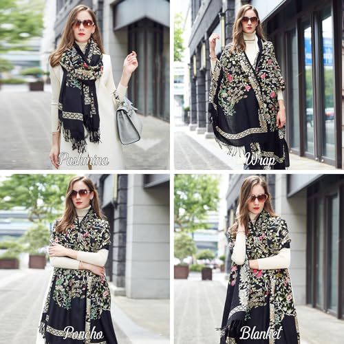 DANA XU 100% Merino Wool Extra Large Pashmina Shawl for Women - color: Black Floral Print