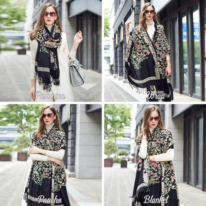 DANA XU 100% Merino Wool Extra Large Pashmina Shawl for Women - color: Black Floral Print