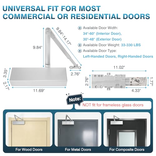 IRONWALLS Heavy Duty Hydraulic Door Closer Commercial Surface Mount Silver - color: Silver