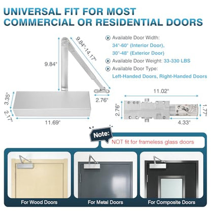 IRONWALLS Heavy Duty Hydraulic Door Closer Commercial Surface Mount Silver - color: Silver