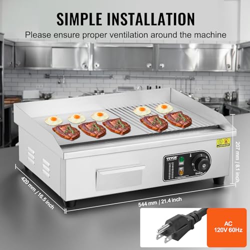 VEVOR Commercial Electric Griddle, Countertop 22" Half Flat Top Griddle - size: 21.4"