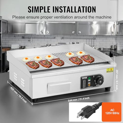 VEVOR Commercial Electric Griddle, Countertop 22" Half Flat Top Griddle - size: 21.4"